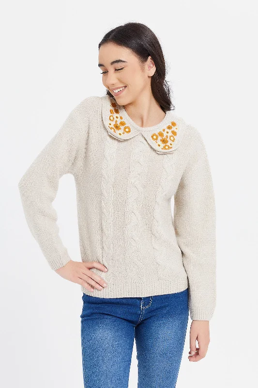 Special Price Senior Girls Beige Peter Pan Collar Embroidered Pullover