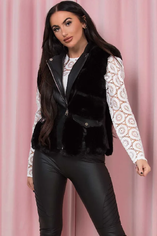 Early Access casual utility jacketBlack Faux Fur Faux Leather Gilet With Pocket Detail Early Access casual utility jacketBlack Faux Fur Faux Leather Gilet With Pocket Detail