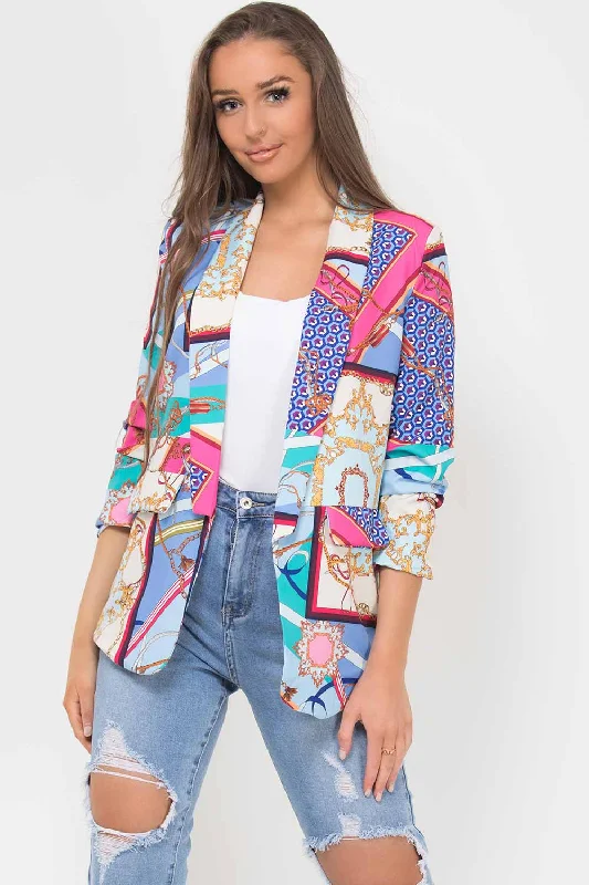 Seasonal Sale cold weather coatScarf Print Ruched Sleeve Blazer Blue