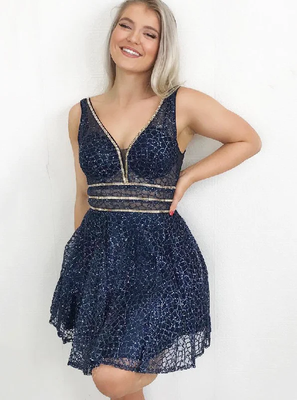 lace dressSparkly Navy Blue Fit and Flare Short Prom Dress Homecoming Dress