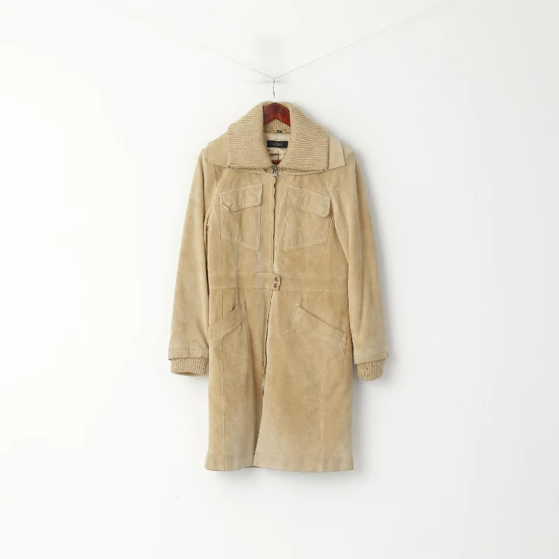 New Arrival zip-up jacketSAKI Women 38 S Coat Beige Suede Leather Full Zipper Casual Vintage Stand Up Collar Top New Arrival zip-up jacketSAKI Women 38 S Coat Beige Suede Leather Full Zipper Casual Vintage Stand Up Collar Top