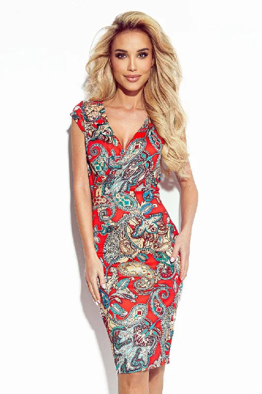 Lowest Prices summer floral dressNumoco 379-1 BOYKA Fitted dress with an envelope neckline - red boho pattern