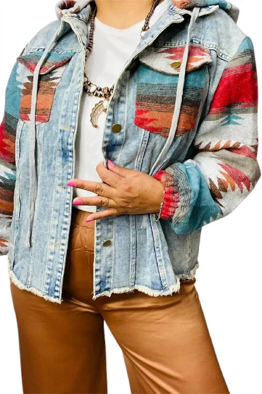 Aztec Hoodie And Print Jean Jacket In Blue