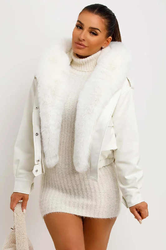 Shop and Save tailored coatFaux Leather Bomber Jacket With Faux Fur Hood White