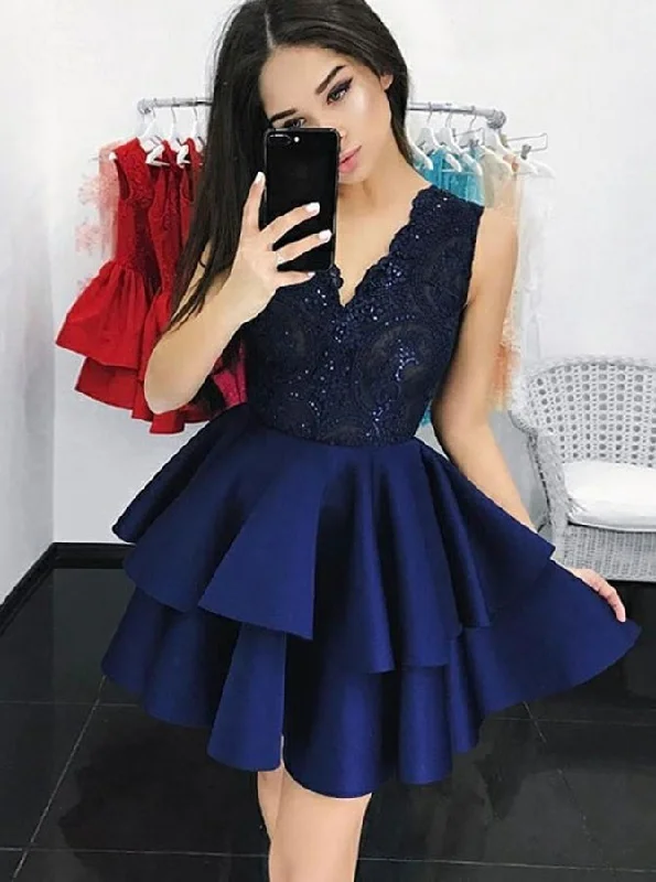 structured dressNavy Blue V-neck Sequins Lace Homecoming Dress With Tiered Skirt OM247