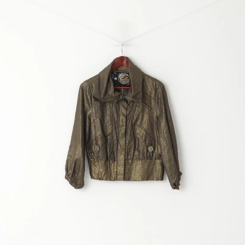 Limited Stock trendy jacketRingspun Women 3 S Jacket Shiny Gold Turtle Neck Linen Cropped Zip Up Top