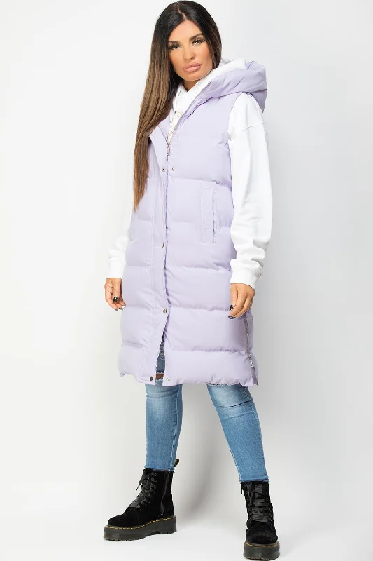 Lowest Price sporty jacketPadded Longline Hooded Gilet Lilac