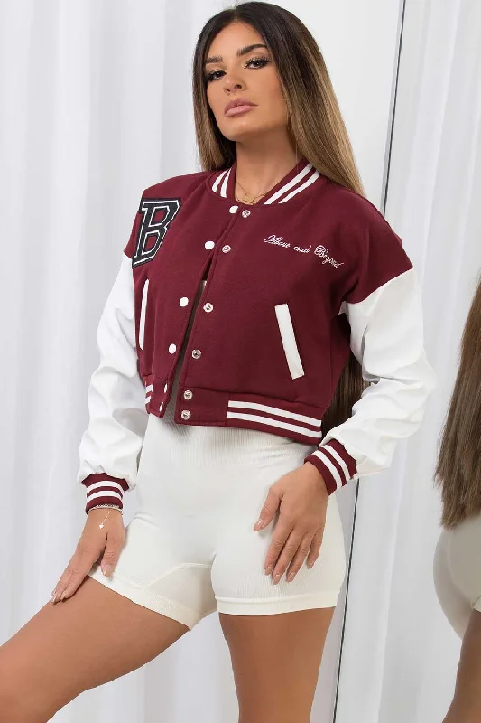 Sale Event insulated winter jacketPU Sleeve Varsity Bomber Cropped Letterman Jacket Wine Red