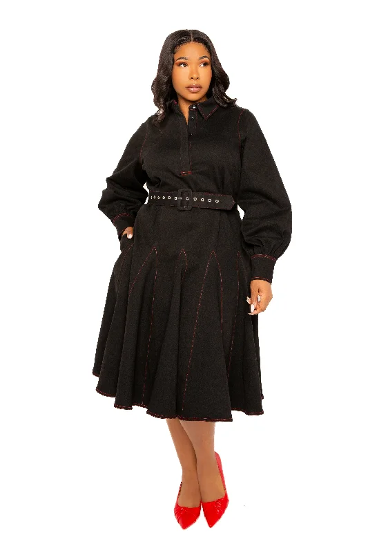 Markdown Madness flowy dressBelt Denim Shirt Dress with Contrast Stitching