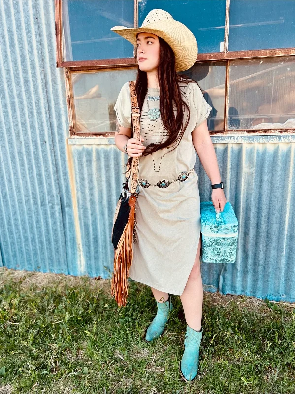 Early Access office dressBoot Stitch T-shirt Slit to the Hip Tan Dress