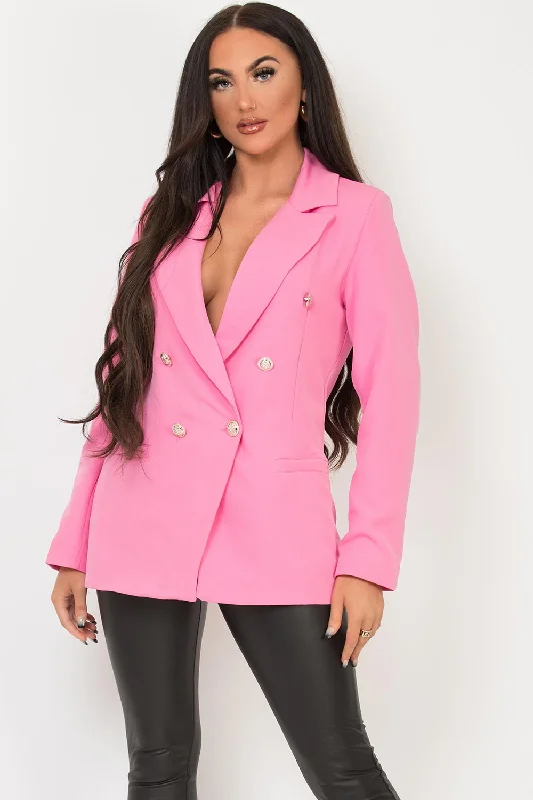 Discount Deals soft shell coatPink Double Breast Blazer Jacket With Gold Buttons