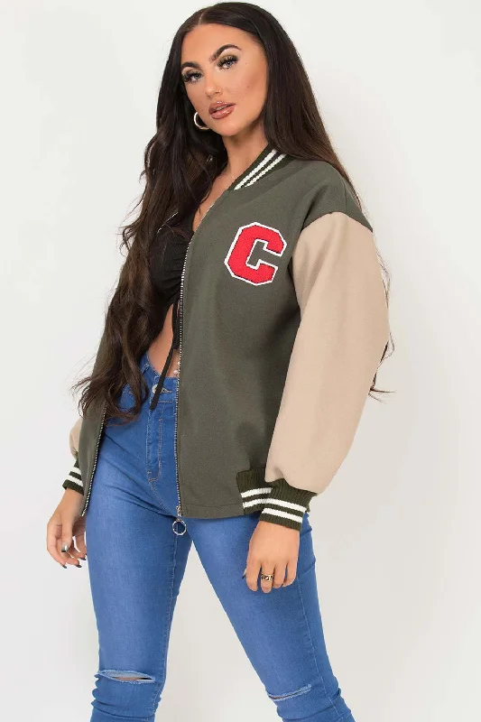 Extra Savings breathable jacketC Slogan Varsity Bomber Jacket Khaki