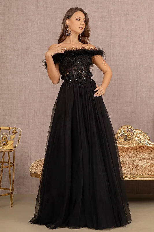 Can't Be Beat elegant dressEmbroidery Sheer Front Mesh A-line w/ Feather Embellishment Long Prom Dress GLGL3138 Can't Be Beat elegant dressEmbroidery Sheer Front Mesh A-line w/ Feather Embellishment Long Prom Dress GLGL3138