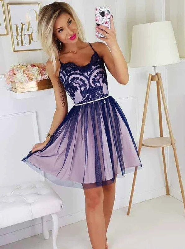 summer floral dressSpaghetti-straps Tulle Short Prom Dress Appliques Homecoming Dress OM371