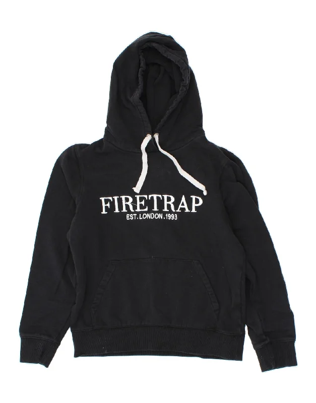 FIRETRAP Womens Graphic Hoodie Jumper UK 8 Small Black Cotton