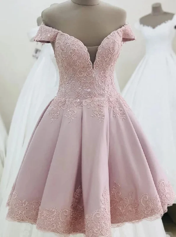 trendy wrap dressOff Shoulder Pink Short Homecoming Dress with Lace Appliques OM490