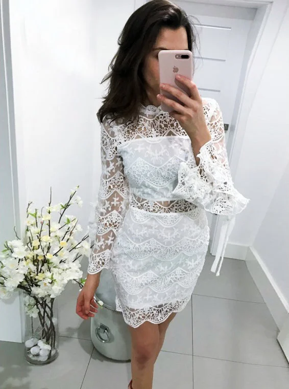 silk dressSexy Bell Sleeves Lace Sheath Short Homecoming Party Dress OM366