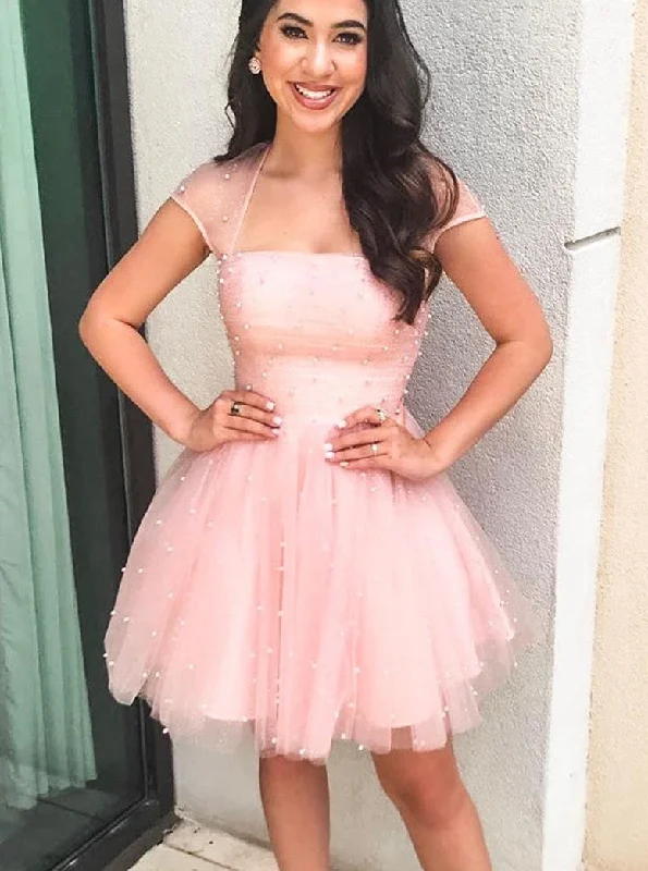 high-waisted dressChic Sparkly Cap Sleeves Homecoming Dress, Tulle Pearls Short Prom Dress OM460