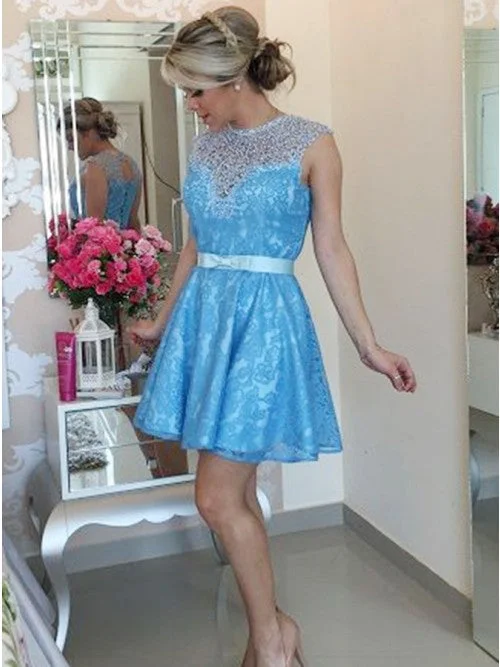 long-sleeve floral dressA-Line Jewel Keyhole Back Lace Short Prom Homecoming Dress With Bowknot OM130