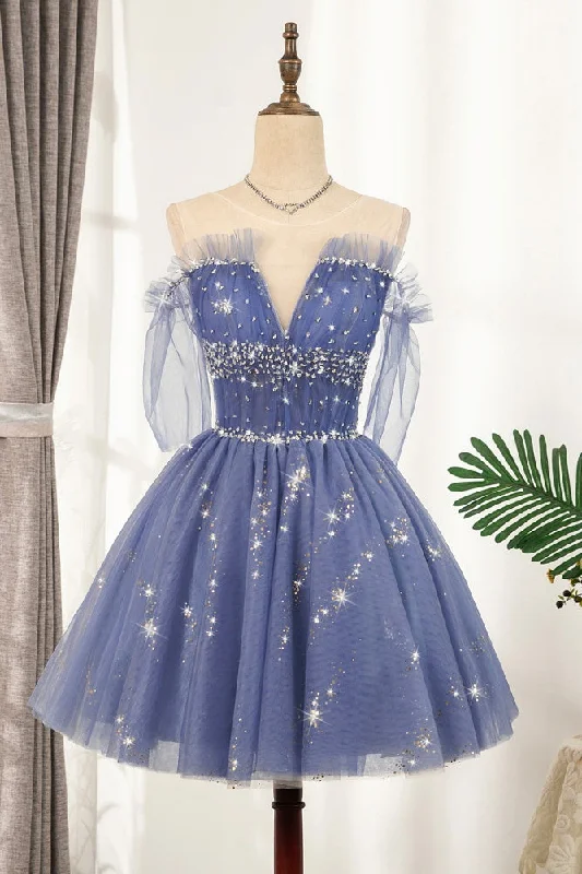 chic wrap dressFlowy Cute A-line Blue Homecoming Dresses Short Beading Prom Dress OM918