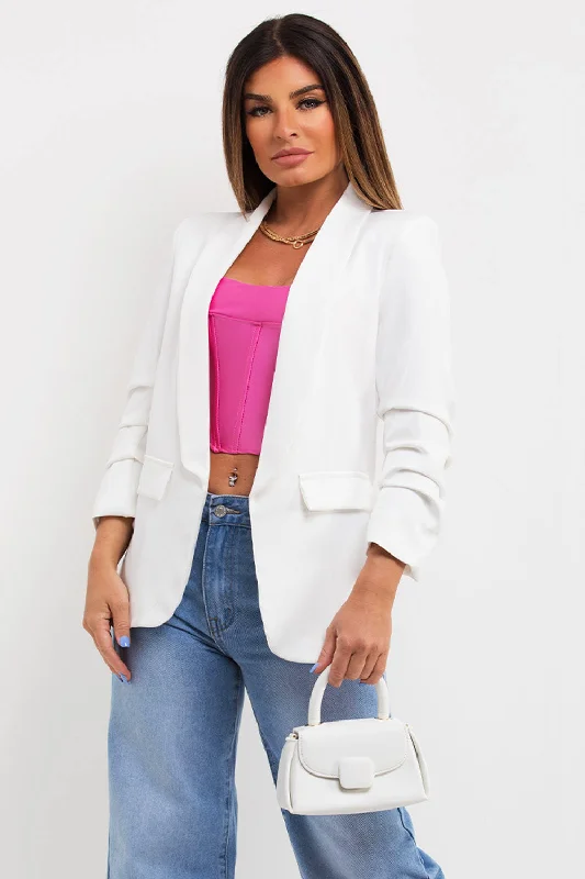 Instant Savings chic outerwearOff White Ruched Sleeve Blazer