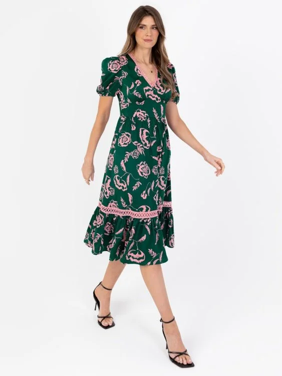 Limited Availability winter dressLovedrobe Green & Pink Floral Midi Dress with Lace Trim Limited Availability winter dressLovedrobe Green & Pink Floral Midi Dress with Lace Trim