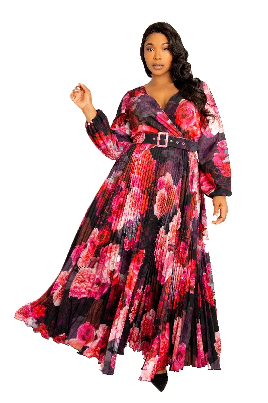 Midnight Sale off-shoulder dressFloral Pleated Maxi Dress with Belt