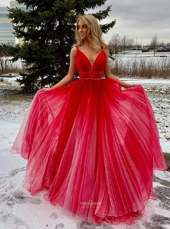 elegant maxi dressNew Red Ombre A-line V-neck Long Prom Dress with Beading