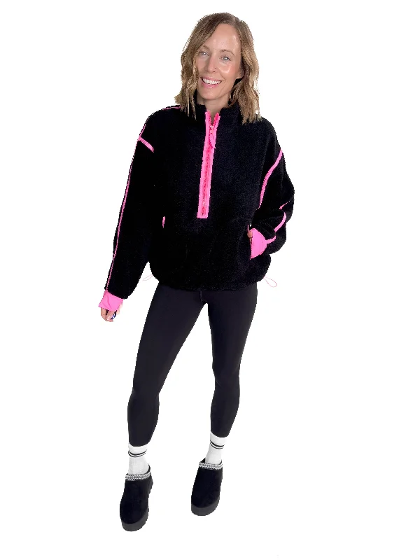 Sneak Peek Sale oversized coatAyla Contrast Edge Half Zip Sherpa- BLACK/NEON PINK