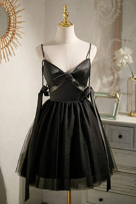 trendy dressSatin Little Black Dress Mini Dress With Tulle Homecoming Dresses