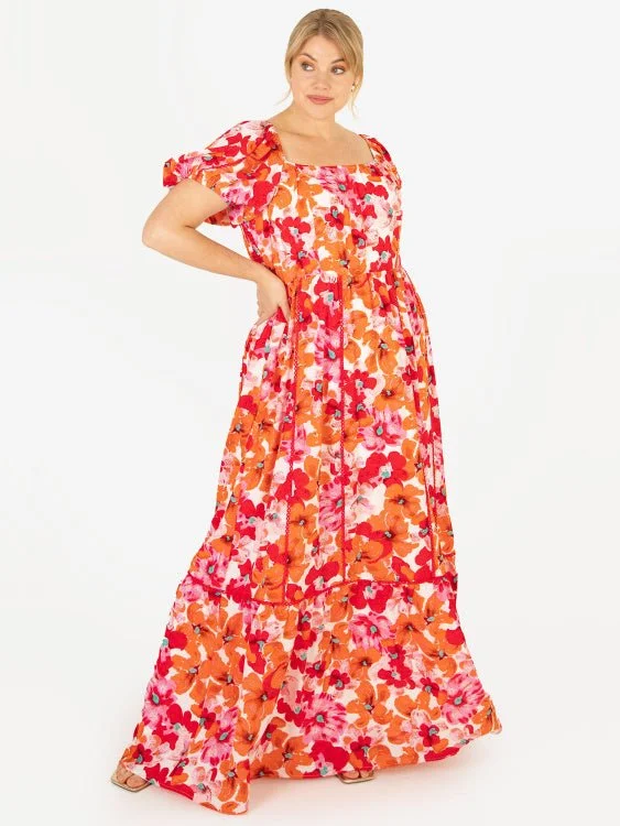 Incredible Offers winter dressLovedrobe Luxe Plus Size Square Neck Red & Orange Floral Lace Maxi Dress