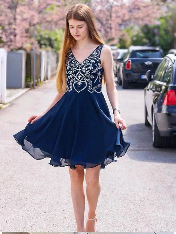 cocktail party dressA Line V Neck Navy Blue Beading Short Chiffon Homecoming Dresses OM346