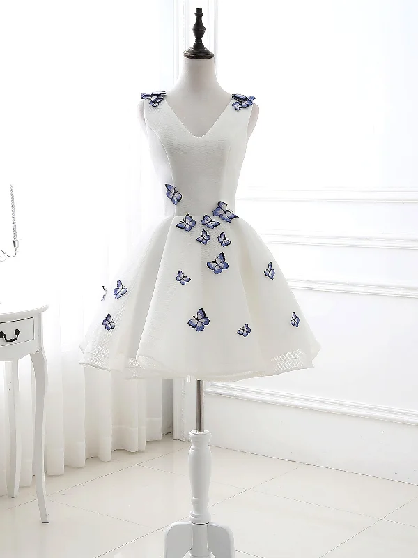 cocktail dressElegant Sleeveless V-Neck White Homecoming Dress With Blue Butterflies Short Prom Dress AS12426