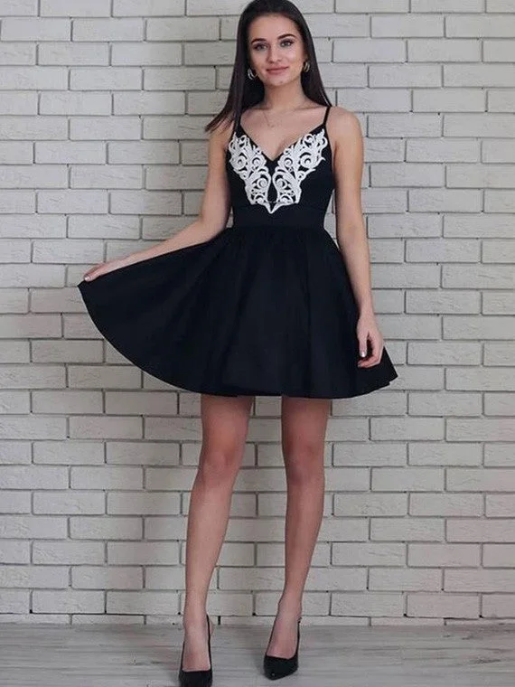 A-line dressBlack Spaghetti A-line V-neck Short Homecoming Dress With Appliques OM352