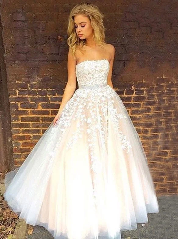 ruffle dressStrapless Appliques Long Prom Wedding Dress with Beading Waist OW520