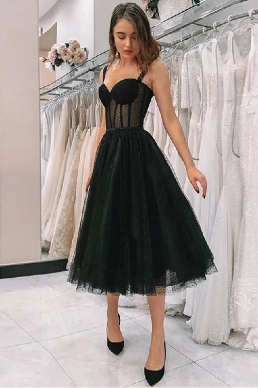 trendy wrap dressSimple Style Black Wave Spaghetti Straps Tea Length Party Homecoming Dresses OM915