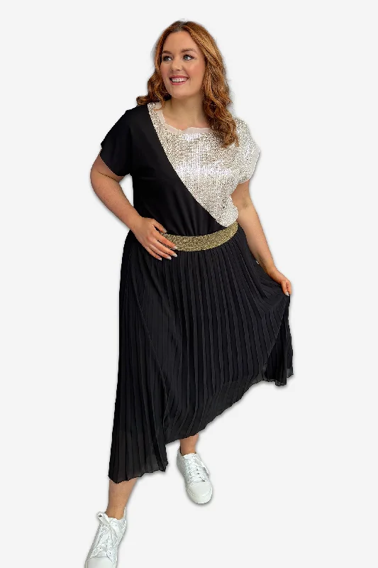 Daily Deals mini dressBlack Pleated Skirt With Gold Waistband