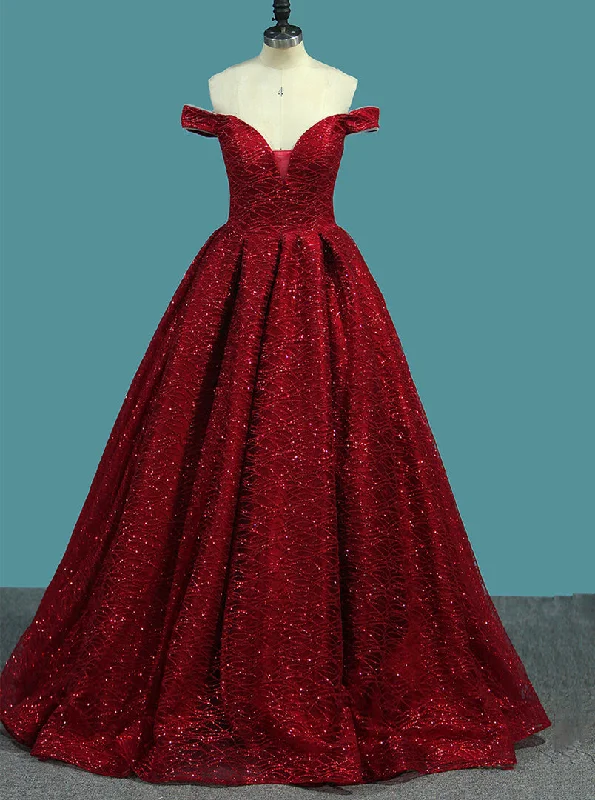 formal dressSparkly Princess Red Off-The-Shoulder Ball Gown Prom Dress OP358