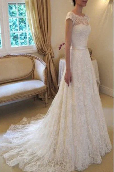 trendy mini dressCap Sleeve Lace Wedding Dresses Long Bridal Dresses With Court Train Ivory Beach Wedding Dresses