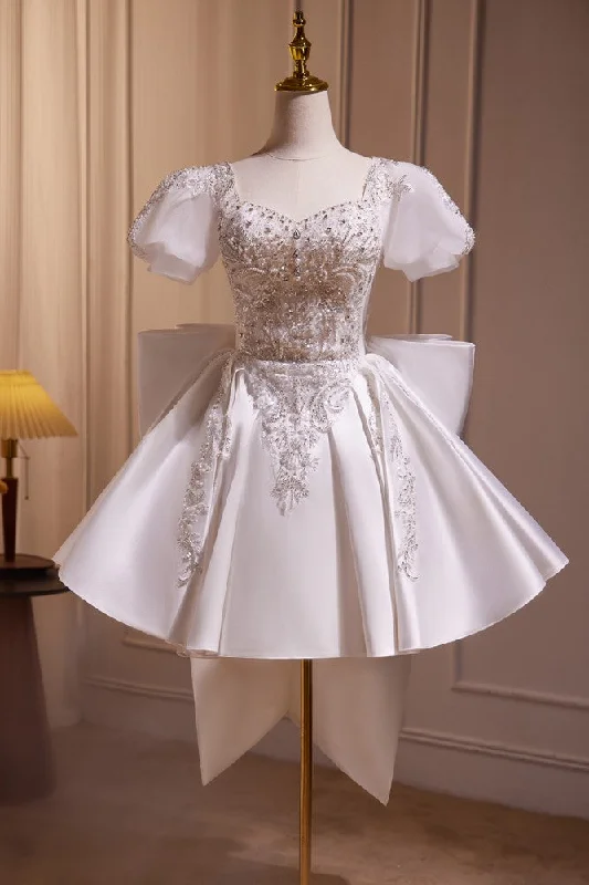 casual midi dressLuxury Short Sleeves Beading Homecoming Dress with Bowknot