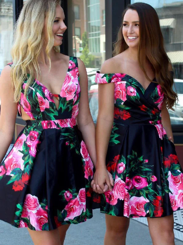 relaxed fit dressA-line Black Floral Print Short Prom Dresses Homecoming Dress