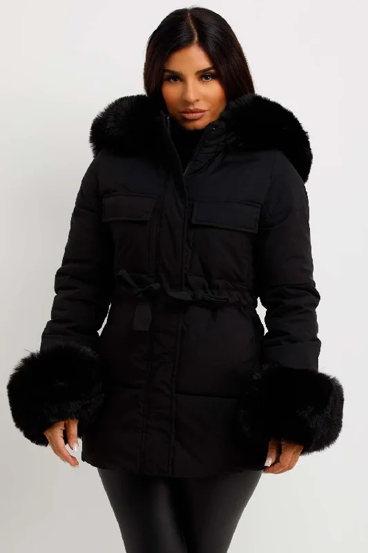 Amazing Deals minimalist jacketBlack Puffer Coat With Faux Fur Hood Cuff And Drawstring