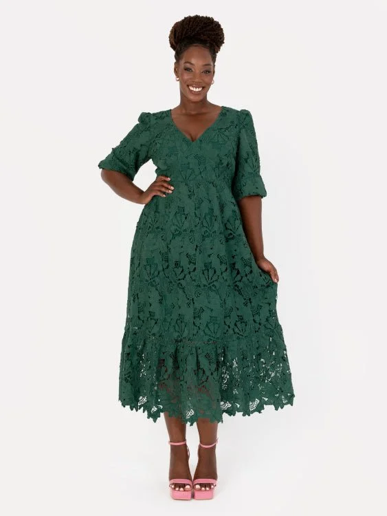 Sale Event vintage-inspired dressMaya Plus Size Emerald Floral Lace Tie-Back Midaxi Dress