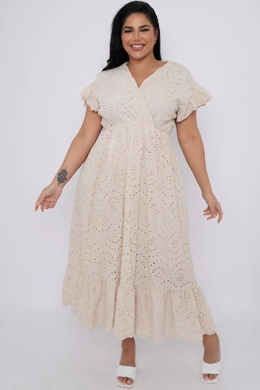 Big Discounts formal dressPlus Size Beige Broderie Lace Wrap Top Frill Hem Dress