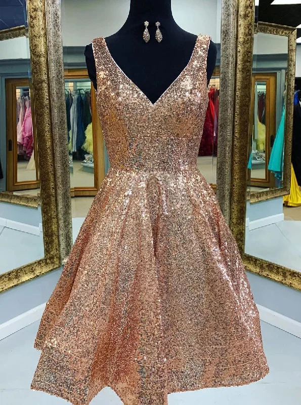 casual slip dressA-line Gold V-Neck Sequins Short Prom Dress Homecoming Dress