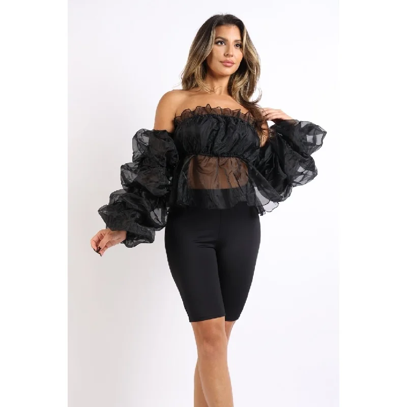 textured dressSexy Organza Sleeve Detailed Top And Matching Shorts 2 Piece Set Black