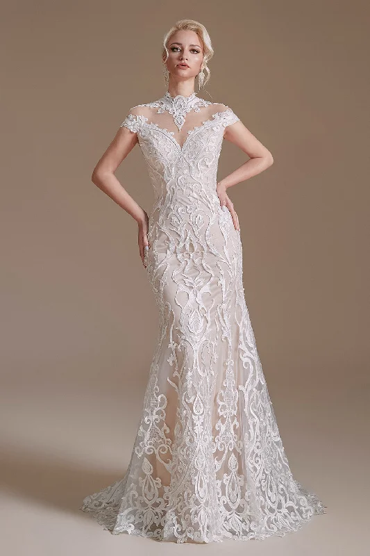 trendy mini dressElegant Cap Sleeves Lace Mermaid Long Beach Wedding Dresses