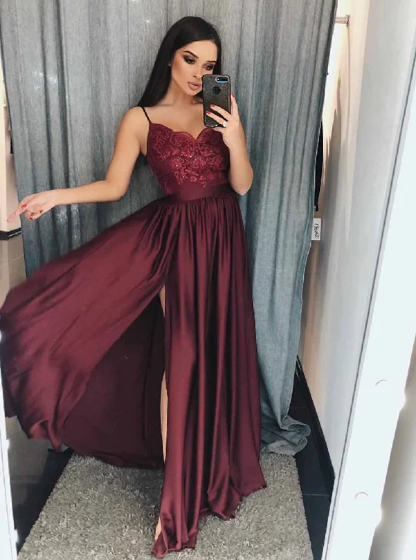 trendy mini dressLong Burgundy Prom Dresses Spaghetti A Line Appliques with Slit OP759