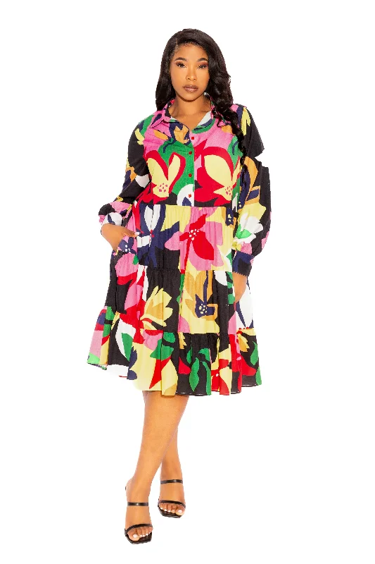Best Bargains elegant maxi dressFloral Long Sleeve Tiered Shirt Dress