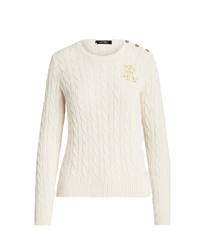 Price Cut modern outerwearButton-trim Cable-knit Cotton Sweater - Cream